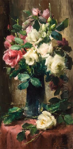 Roses Blanches Et Rouges Dans Un Vase Oil Painting by Frans Mortelmans