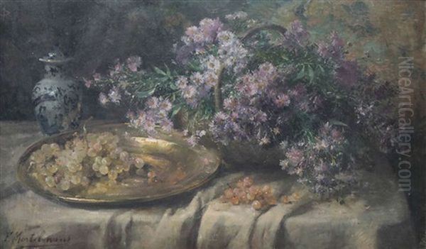 Nature Morte Aux Fleurs, Raisins Et Vase Chinois Sur Entablement Oil Painting by Frans Mortelmans