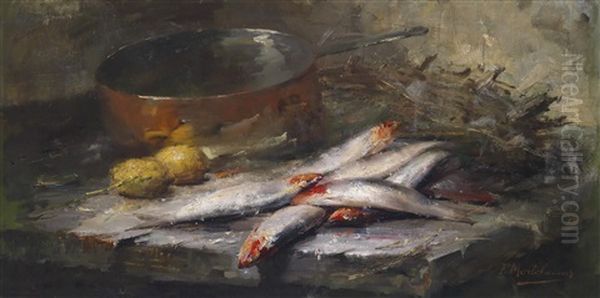 Stillleben Mit Fischen, Zitronen Und Einem Kupferkessel Oil Painting by Frans Mortelmans