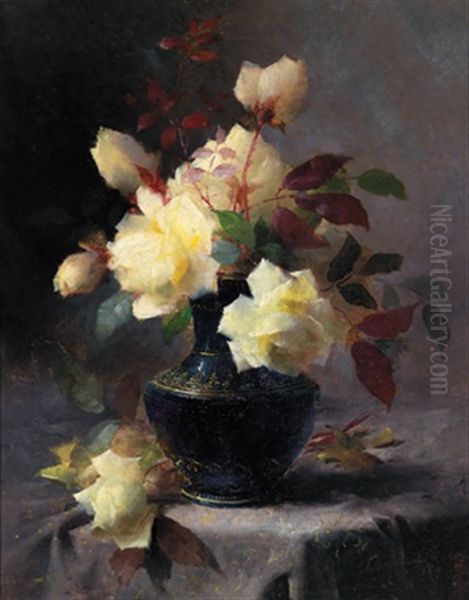 Stilleben Mit Gelben Rosen In Einer Vase Oil Painting by Frans Mortelmans