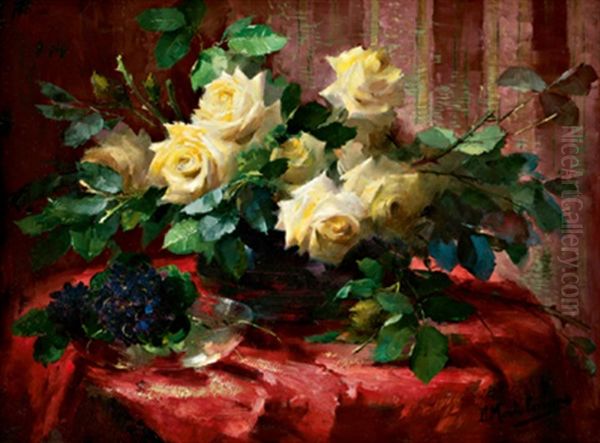 Stilleben Mit Einem Straus Gelber Rosen Und Veilchen Oil Painting by Frans Mortelmans