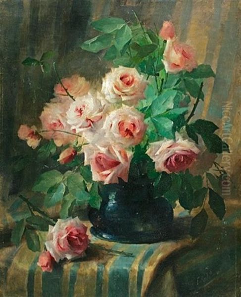 Still Life With Pink Roses Oil Painting by Frans Mortelmans