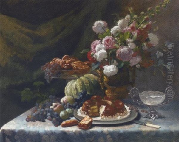 Roses And Chrysanthemums In An Urn Alongside Fruit And A Chocolate Cake On A Draped Table Oil Painting by Frans Mortelmans