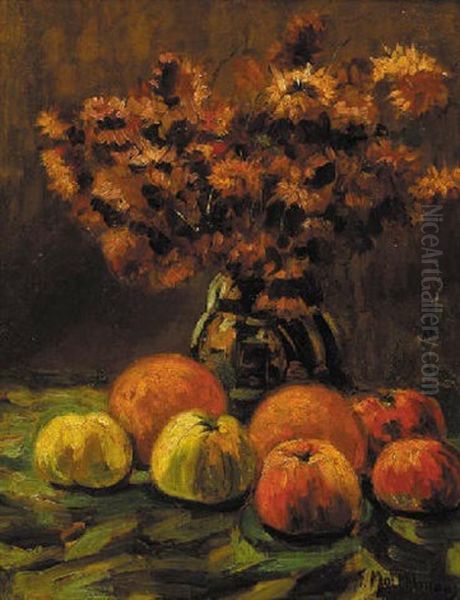 Apples, Oranges And A Vase Of Flowers On A Table Oil Painting by Frans Mortelmans