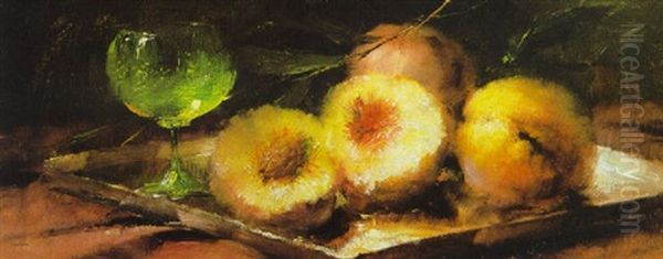 Obststilleben Mit Pfirsichen Und Weinglas Oil Painting by Frans Mortelmans