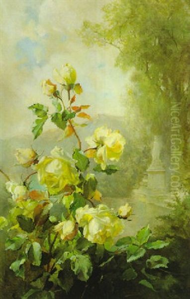 Gelbe Rosenzweige Vor Einer Parklandschaft Oil Painting by Frans Mortelmans