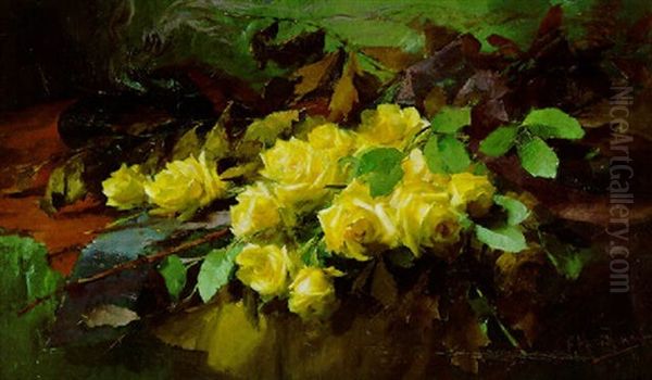 Gelbe Rosen Oil Painting by Frans Mortelmans