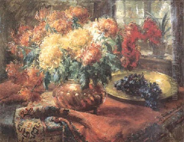 Chrysanten En Druiven Oil Painting by Frans Mortelmans