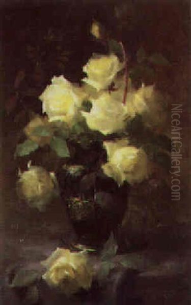 Yellow Roses In A Vase Oil Painting by Frans Mortelmans