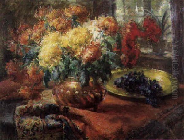 Chrysanten En Druiven Oil Painting by Frans Mortelmans