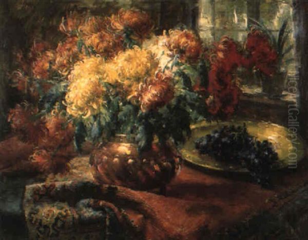 Chrysanten En Druiven Oil Painting by Frans Mortelmans