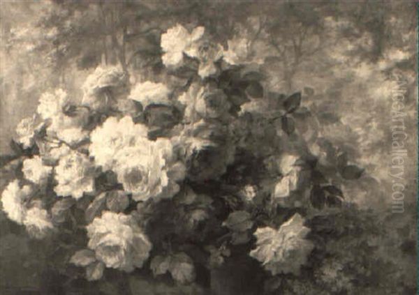 A Bunch Of Roses In A Wooded Landscape Oil Painting by Frans Mortelmans