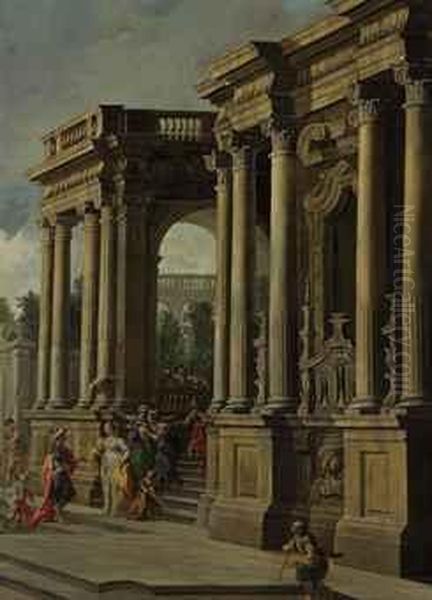 An Architectural Capriccio With Elegant Figures In A Portico Oil Painting by Vittorio Maria Bigari