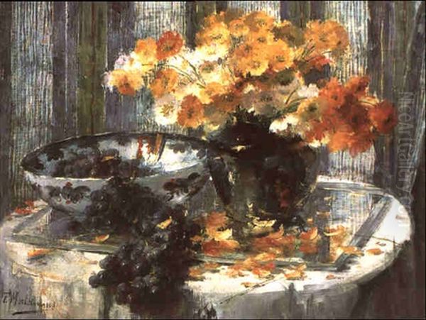 Stilleben Mit Blumen Und Weintrauben Oil Painting by Frans Mortelmans