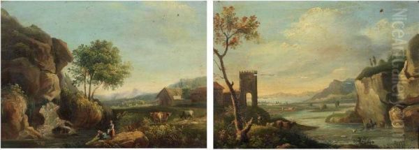 Paesaggio Con Armenti E Paesaggio Fluviale Oil Painting by Vittorio Maria Bigari