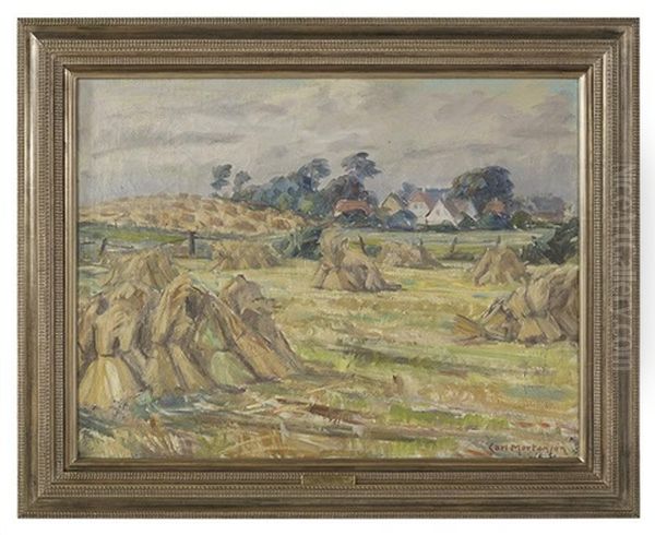 Landscape With Haystacks Oil Painting by Carl Laurits Nikolaj Mortensen