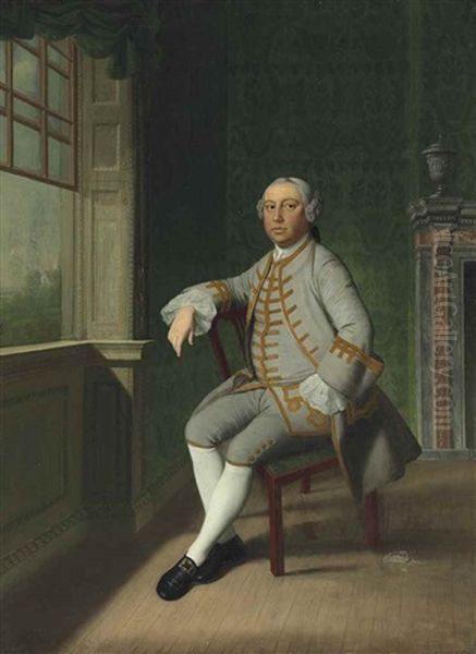 Portrait Of A Gentleman, Small Full-length, In A Grey Coat With A Brown Trim And Matching Waistcoat Oil Painting by John Hamilton Mortimer