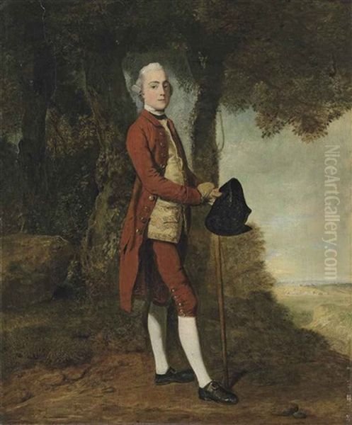 Portrait Of A Gentleman, Traditionally Identified As A Member Of The Stanley Family, Full-length, In A Red Coat And Breaches, A Yellow Single-breasted... Oil Painting by John Hamilton Mortimer