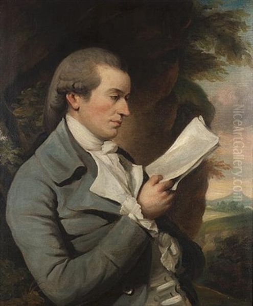 Portrait Of A Gentleman (mr Ashwood Of Lichfield?), Half-length, In A Grey Coat, A White Waistcoat And A Cravat, A View To A Landscape Beyond Oil Painting by John Hamilton Mortimer