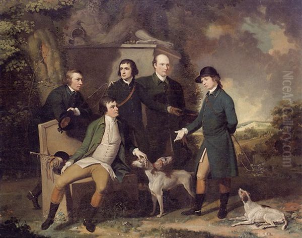 Group Portrait Of Edmund, 7th Earl Of Cork, Mr. Bingham, The Reverend Charles Digby, Colonel Cox And The Reverend Mr. Hume Oil Painting by John Hamilton Mortimer