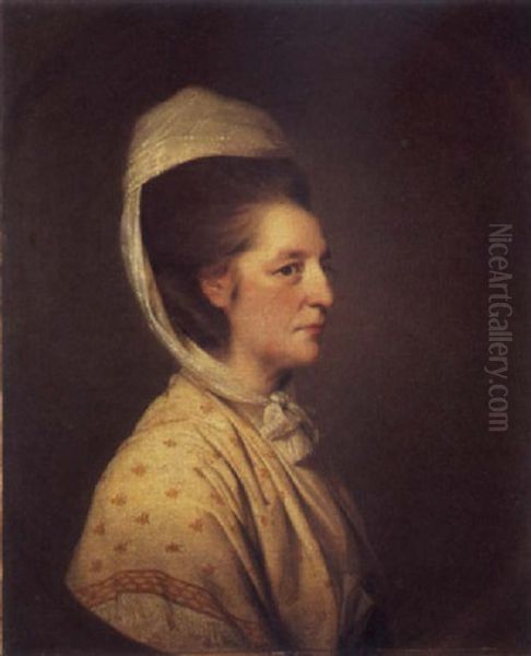 Portrait Of A Lady In A Cream Coloured Gold Embroidered Shawl And White Headdress Oil Painting by John Hamilton Mortimer