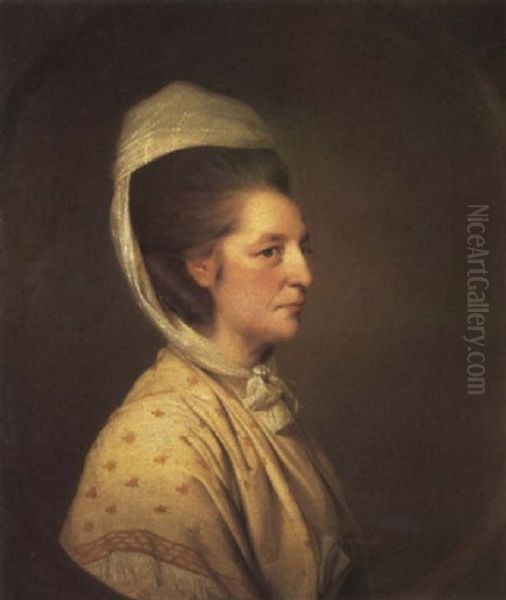 Portrait Of A Lady In A Cream Coloured Gold Embroidered Shawl And White Headdress Oil Painting by John Hamilton Mortimer