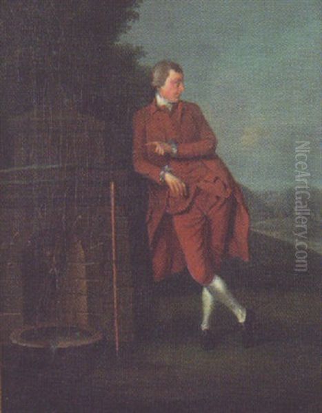 Portrait Of A Gentleman In A Brown Coat And Breeches, By A Tomb With His Staff And Hat On The Tomb, A Landscape Beyond Oil Painting by John Hamilton Mortimer