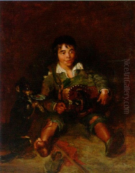 A Young Boy, Holding An Organ Grinder, With His Dog Oil Painting by Andrew Morton