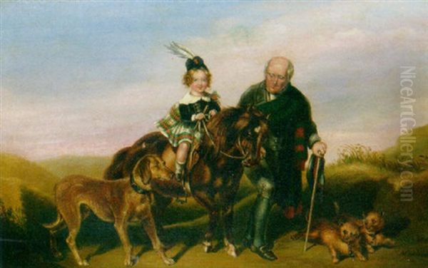 A Scottish Girl On A Shetland Pony Accompanied By Her Dogs And An Elderly Gentleman Oil Painting by Andrew Morton