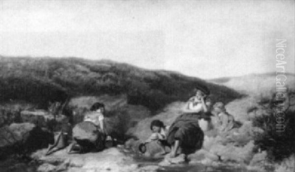 Children At Water Hole Oil Painting by George Morton