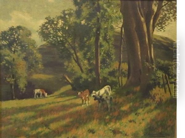 Calves Grazing In A Sunny Wooded Landscape Oil Painting by Thomas Corson Morton