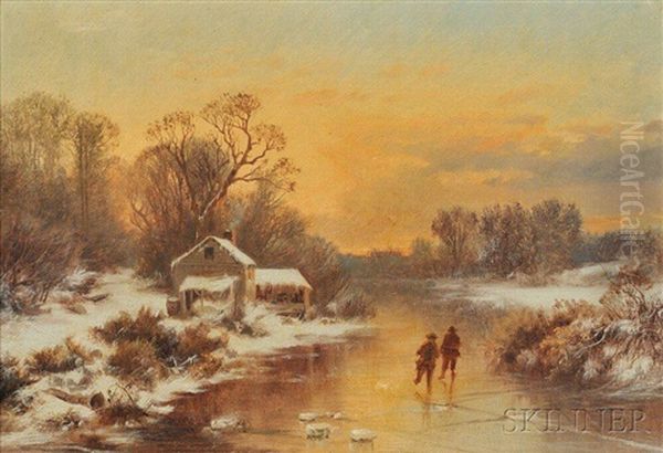 Skaters At Sunset, Medfield Oil Painting by Joseph Morviller