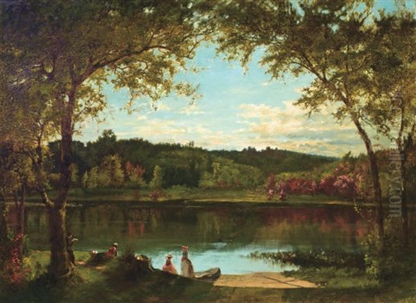 Activities Along A Riverbank Oil Painting by Joseph Morviller