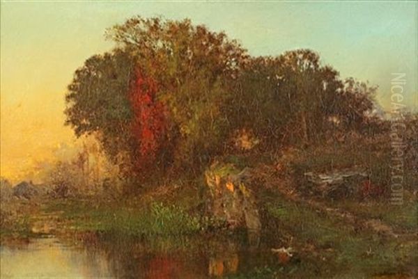 Beside A Pond Oil Painting by Joseph Morviller