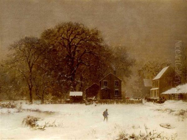 Winter Snow Scene With Travelers And Sleigh Oil Painting by Joseph Morviller