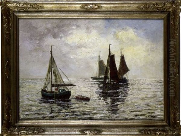 Boats At The Sunset Oil Painting by Wilhelm Mosblech the Elder