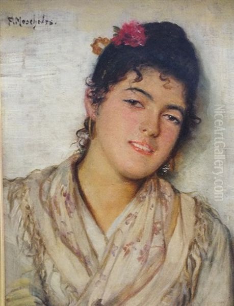 Portrait Of A Spanish Girl, Head And Shoulders, A Rose Decorating Her Hair Oil Painting by Felix Stone Moscheles