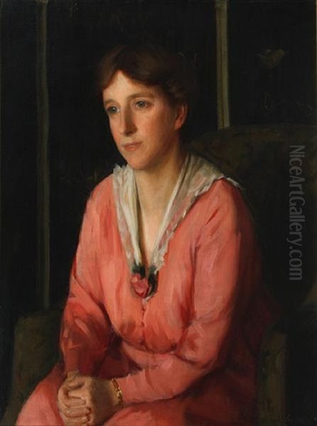 Portrait Of A Young Woman, Seated, Wearing A Coral Colored Dress Oil Painting by Felix Stone Moscheles