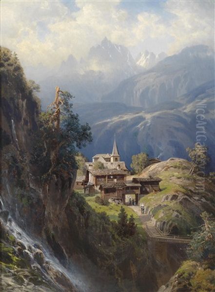 Dorf In Den Berner Alpen Oil Painting by Adolf Konrad Mosengel