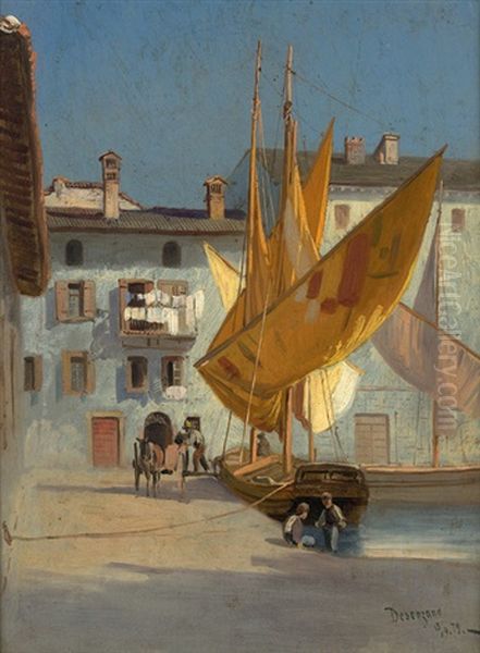 Fischerboote In Desenzano Am Gardasee Oil Painting by Adolf Konrad Mosengel