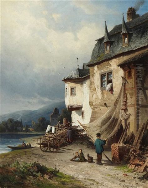 Fischer Beim Netzeflicken Vor Seinem Haus Am Ufer Oil Painting by Adolf Konrad Mosengel