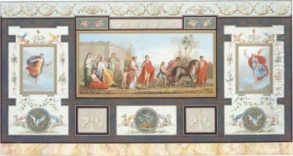 Design For An Elaborate Wall Decoration: A Central Classical Scene Flanked By Two Allegorical Figures Surrounded By Grotesques Oil Painting by Tommaso Bigatti