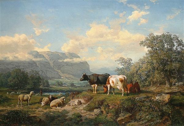 Landschaft Mit Kuhen Und Schafen In Der Nahe Von Genf Oil Painting by Adolf Konrad Mosengel