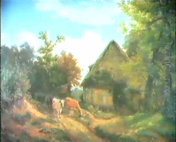 Blick Auf Ein Reetgedecktes Bauernhaus In Baumbestandener   Norddeutscher Landschaft Oil Painting by Adolf Konrad Mosengel