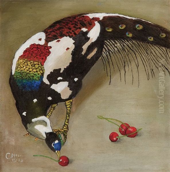 White Spotted Peacock Oil Painting by Karl Moser the Younger