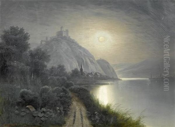 Dorf Am See Bei Vollmond Oil Painting by Hermann Moser