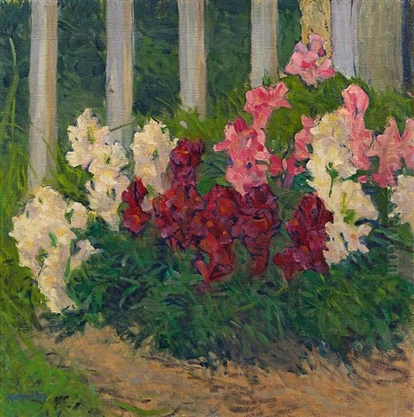 Flower In Front Of A Garden Fence Oil Painting by Koloman (Kolo) Moser