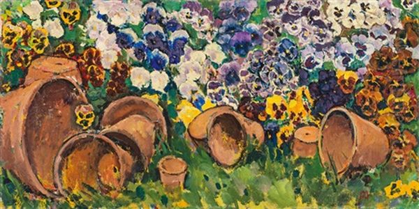 Pansies With Flower Pots Oil Painting by Koloman (Kolo) Moser