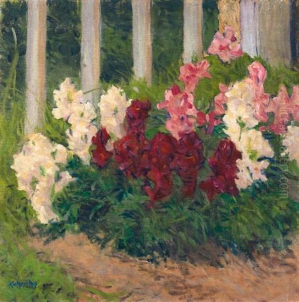 Blumen Vor Gartenzaun (flowers Before A Garden Fence) Oil Painting by Koloman (Kolo) Moser