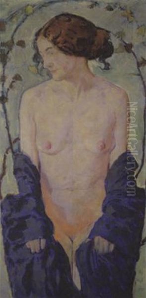 Standing Nude With Blue Robe Oil Painting by Koloman (Kolo) Moser